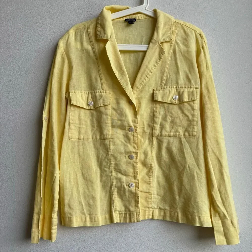 J Crew Camp Collar Featherweight Linen Blend Button Up Shirt US Women's 4 Yellow